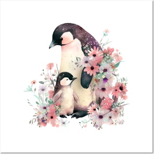 Cute penguin with baby and flowers Posters and Art